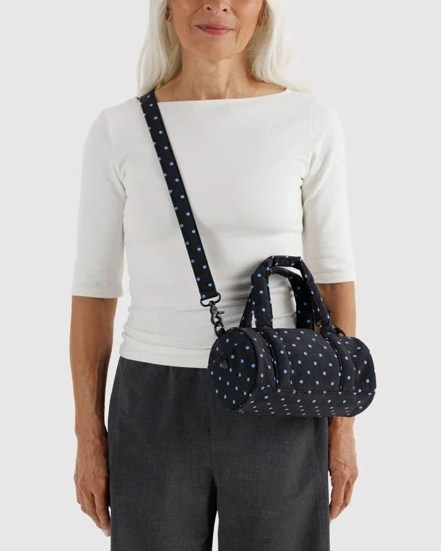 BAGGU Small Nylon Duffle Bag - Black and Sky Blue Micro Dot