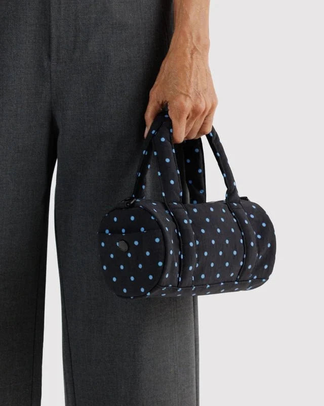 BAGGU Small Nylon Duffle Bag - Black and Sky Blue Micro Dot