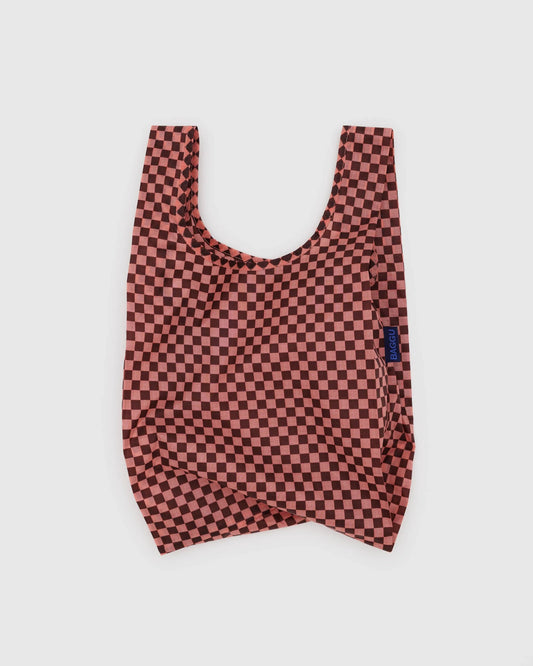 baby baggu reusable bag in pink brown check pattern