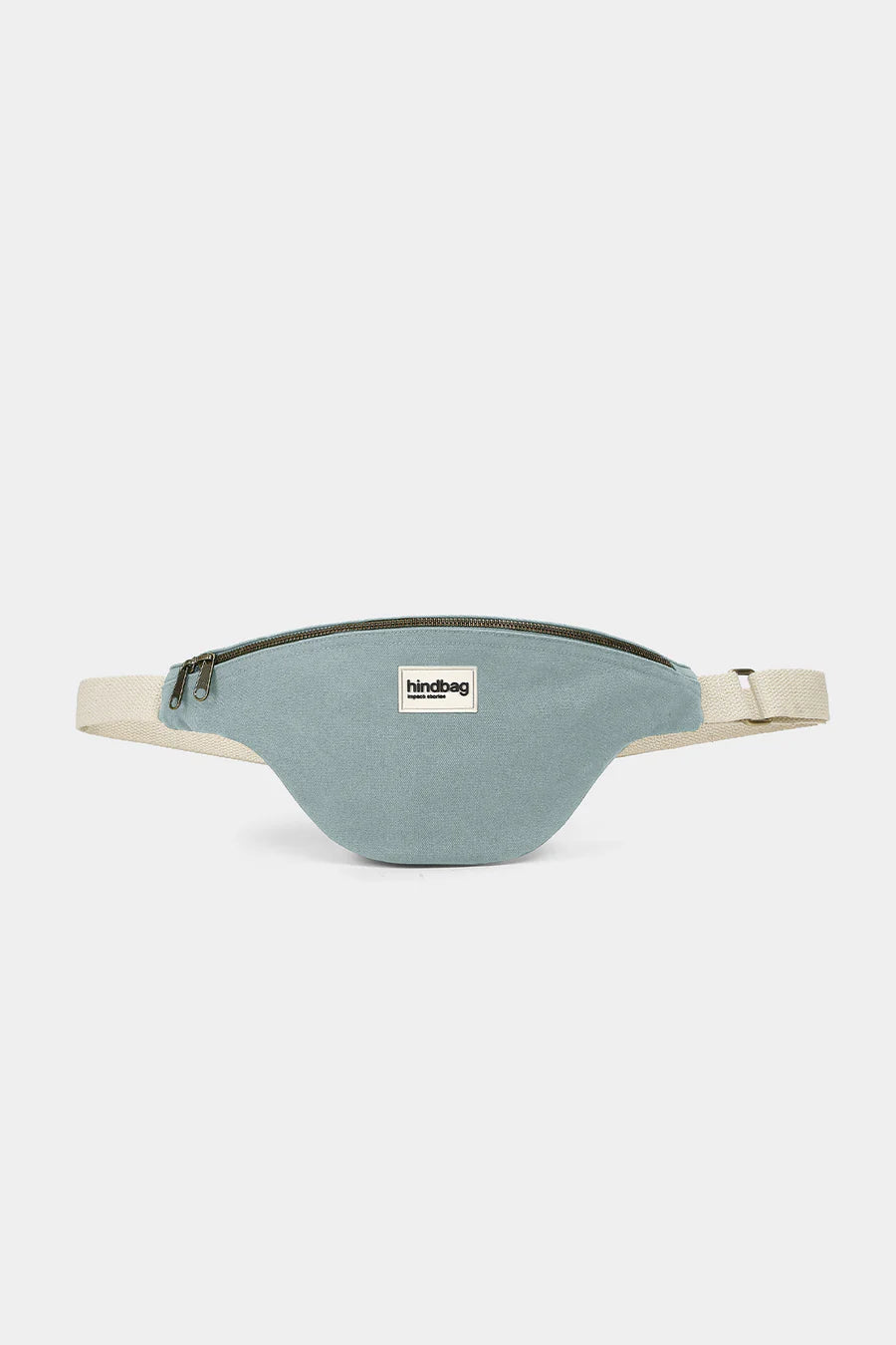 Light blue waist bag with a visible brand label on a white background