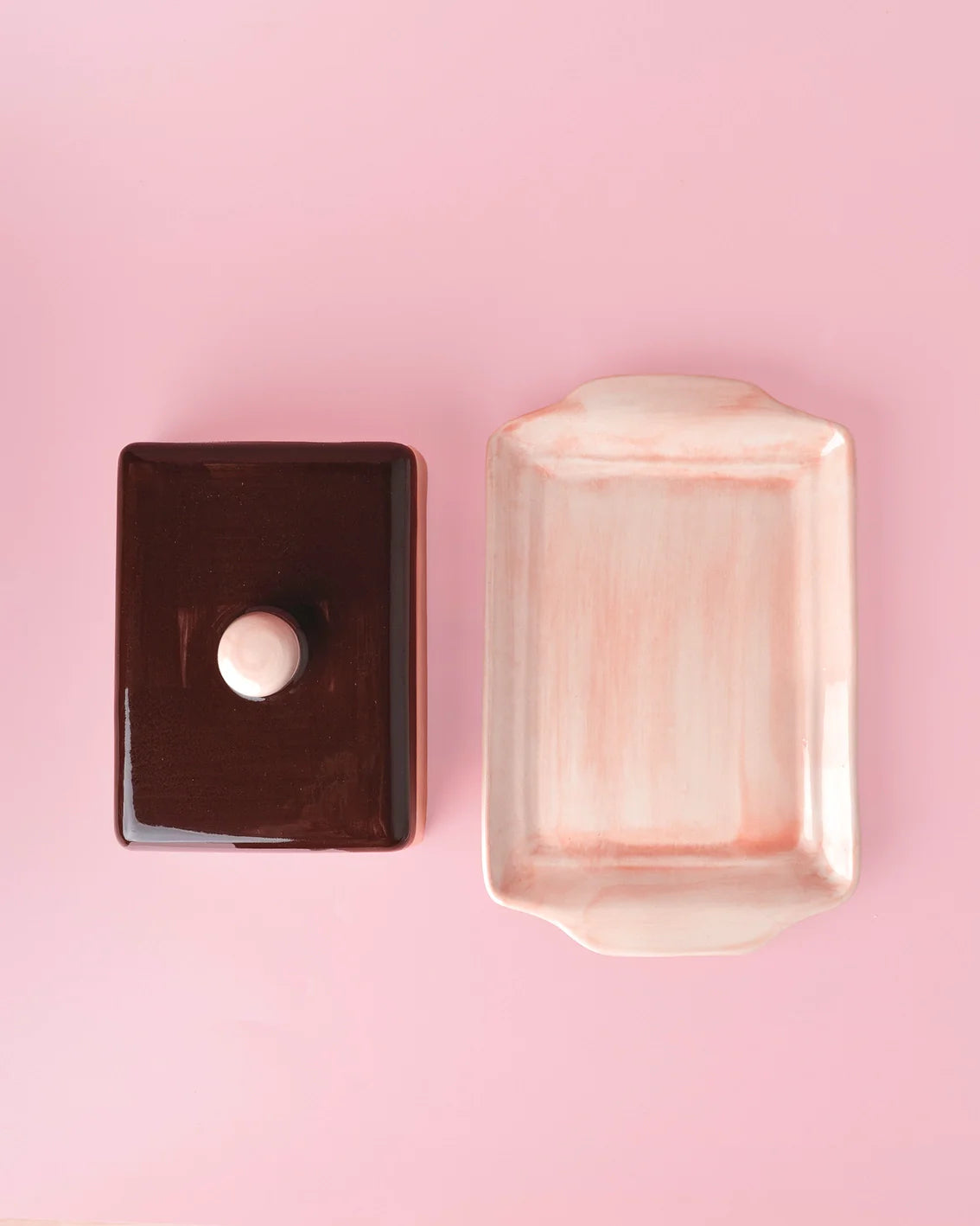 Tierra Cocida Artisanal Ceramic Butter Dish - Pink & Brown - Large