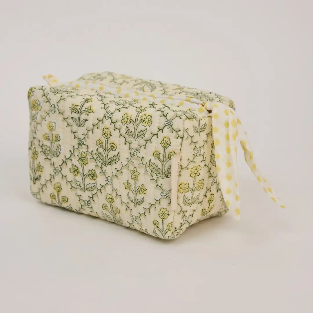 Paper Mirchi Organic Cotton Toiletry Small Bag - Floral Lattice Buttercream