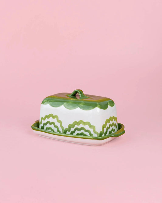 Tierra Cocida Artisanal Ceramic Butter Dish - Green & White
