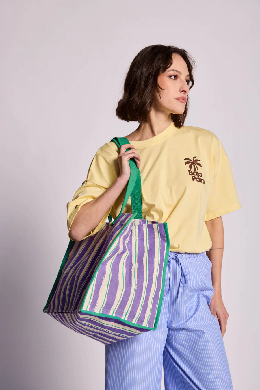 Hindbag Claude Large Tote Bag - Green & Parma Stripes