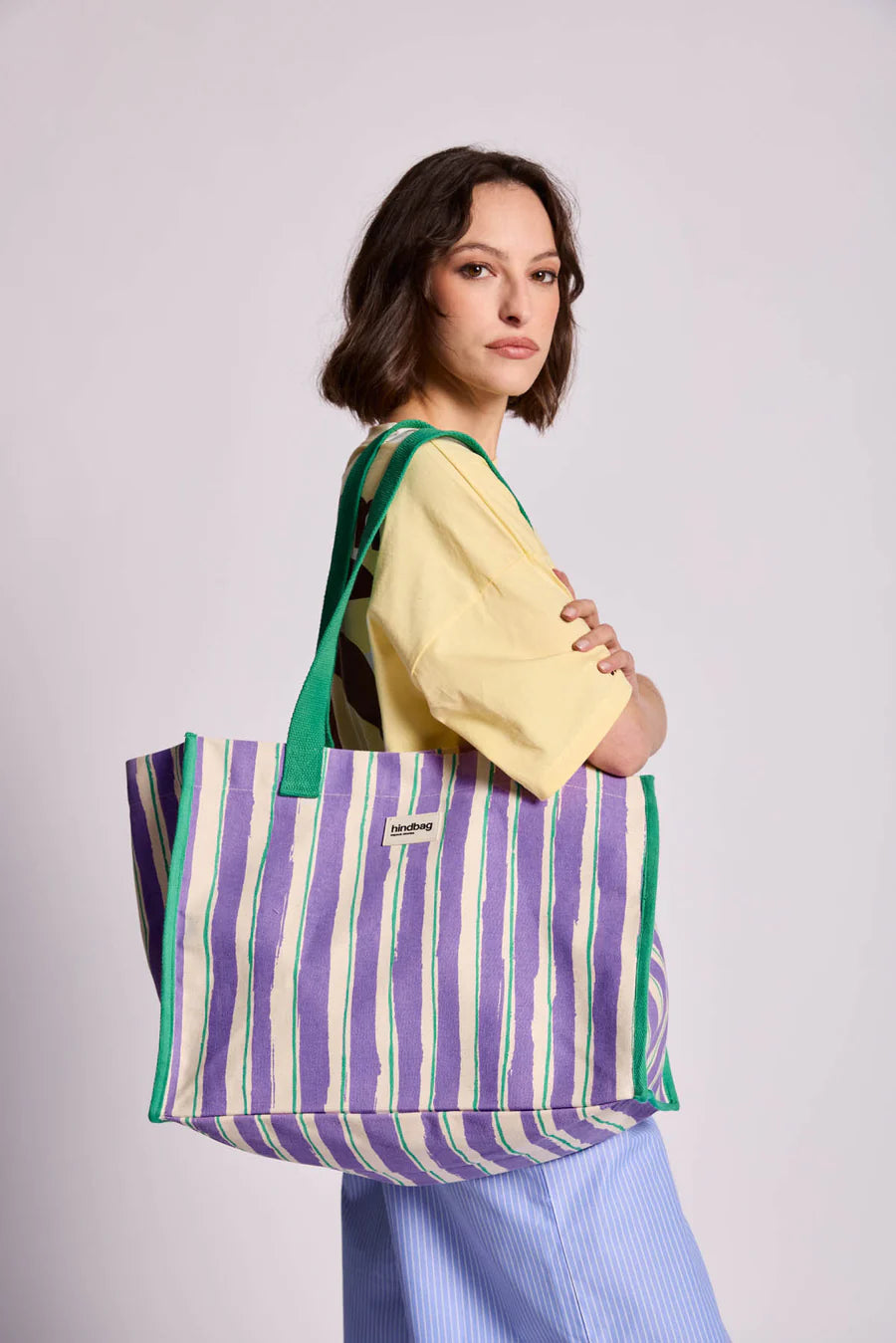 Hindbag Claude Large Tote Bag - Green & Parma Stripes