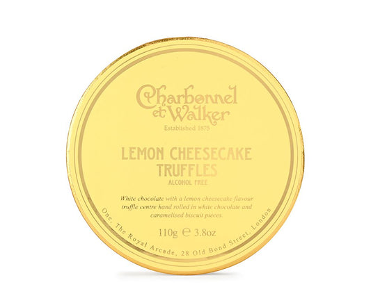 Gold container of Charbonnel et Walker Lemon Cheesecake Truffles on a white background