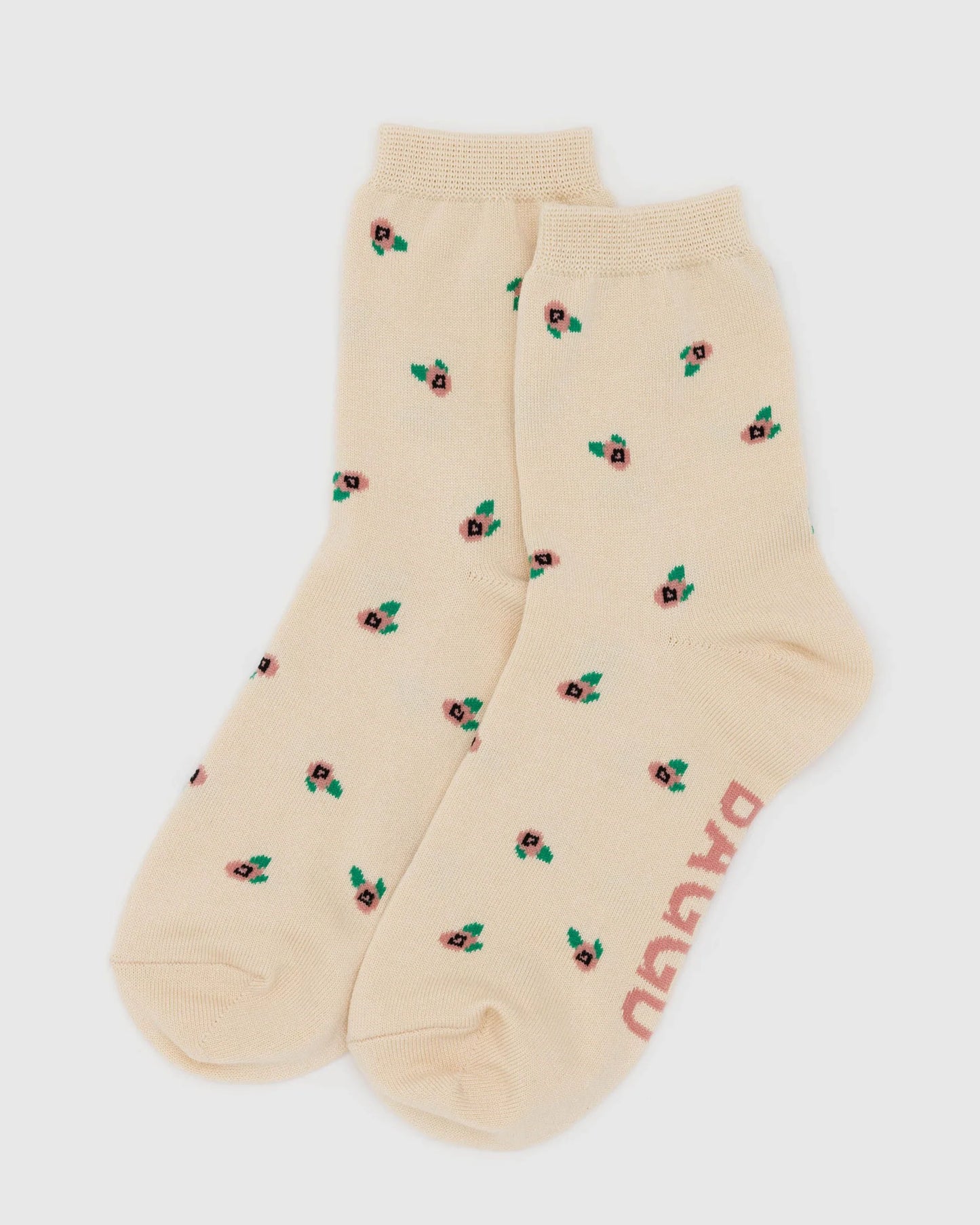 BAGGU Adu;t Crew Sock in Cream Rosette pattern