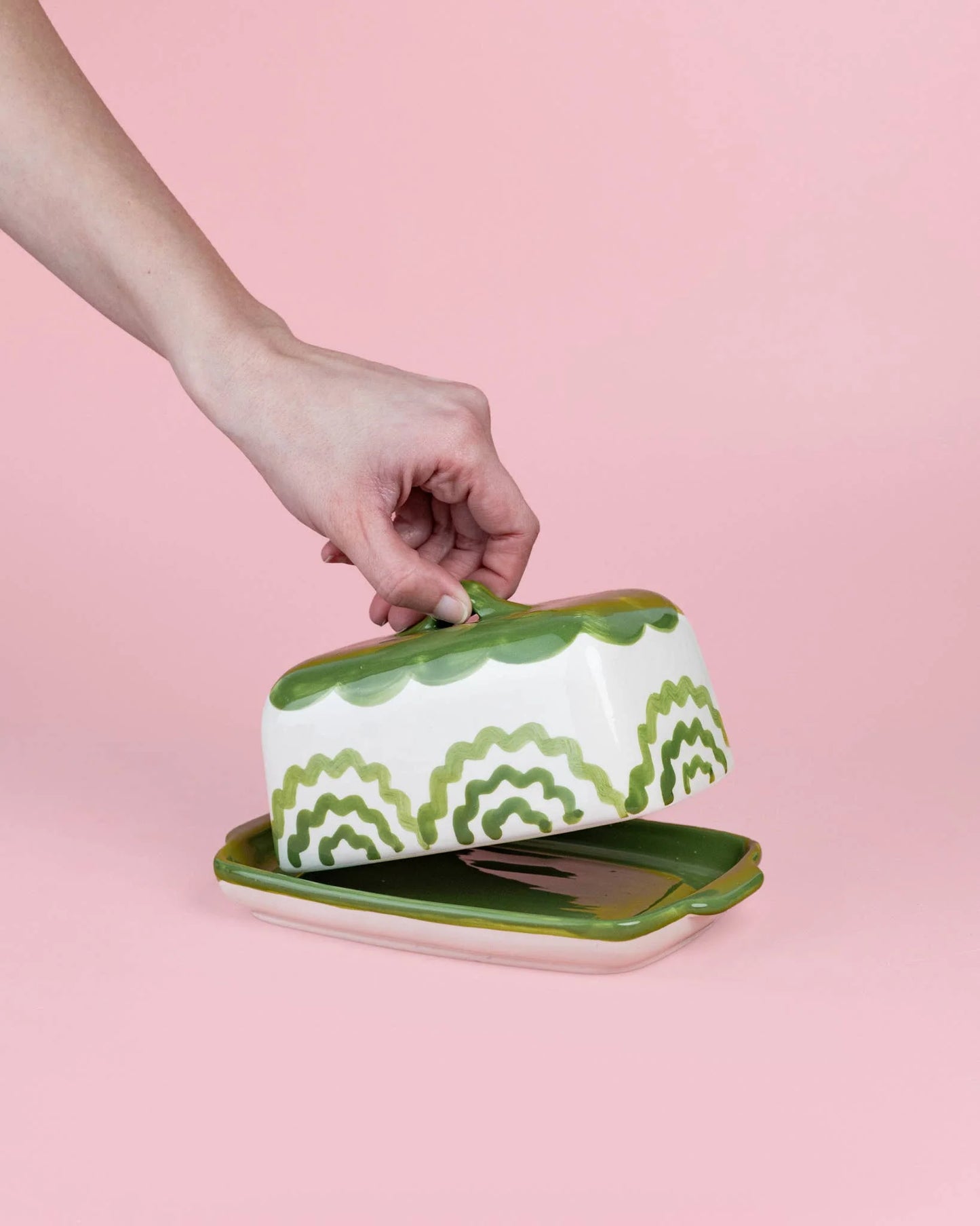 Tierra Cocida Artisanal Ceramic Butter Dish - Green & White