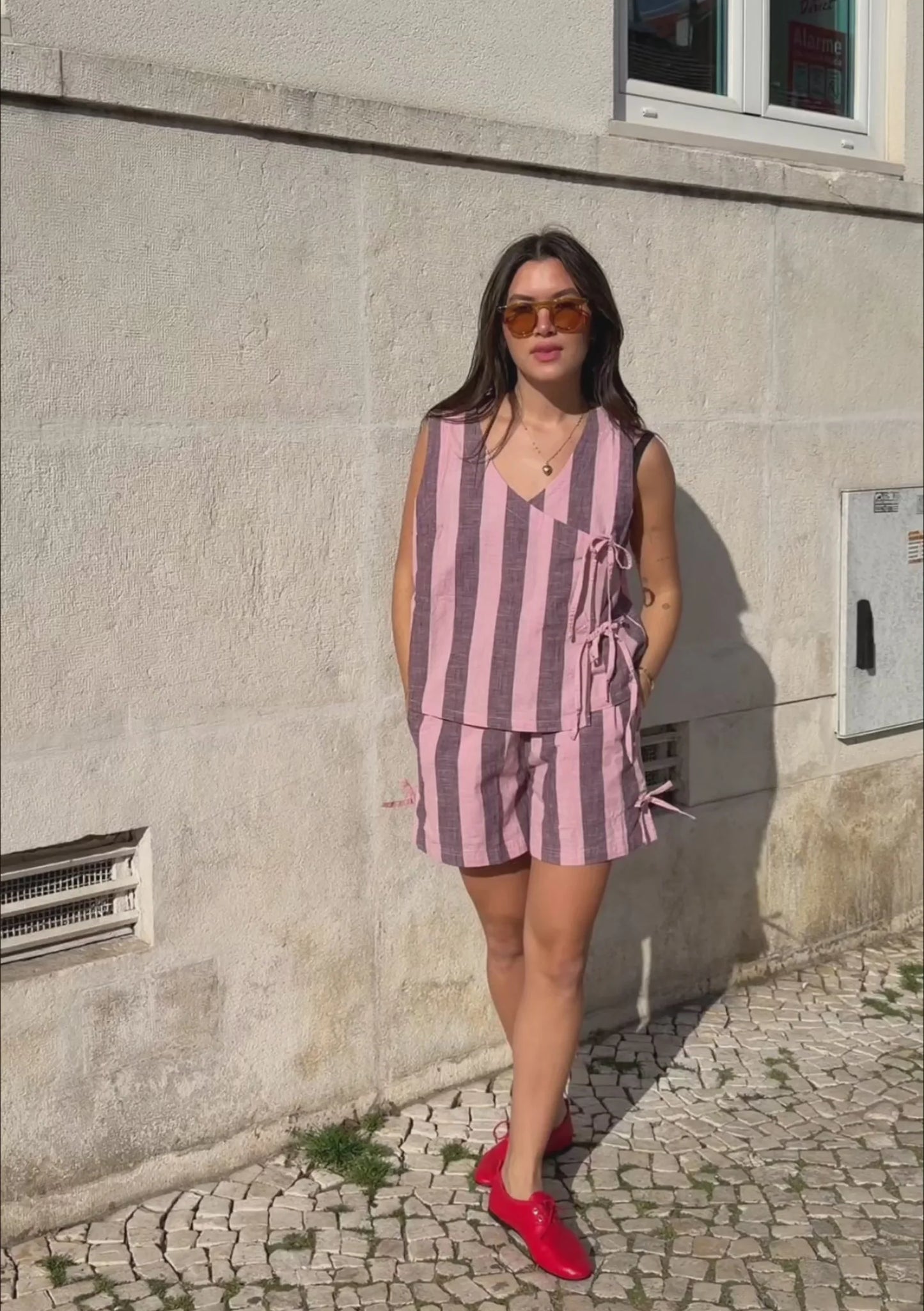 TBCo Cotton Tie Shorts in Pink & Burgundy Stripe