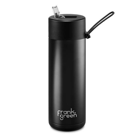 Black reusable water bottle with Frank Green logo on a white background