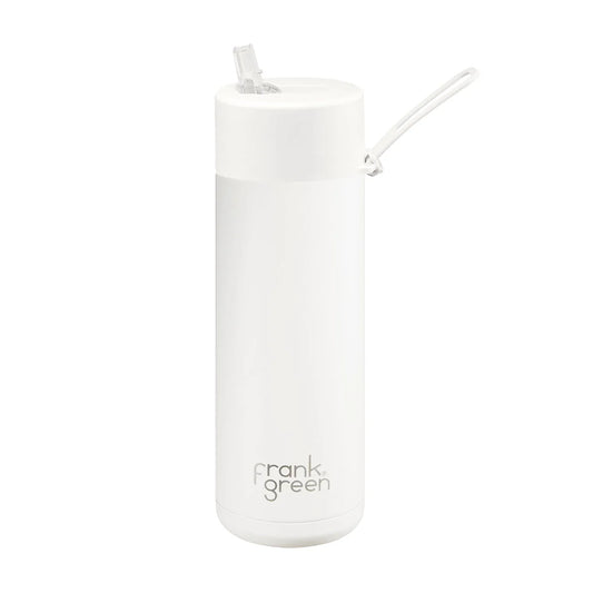 White reusable water bottle with straw lid on a white background, featuring the brand 'frank green'.