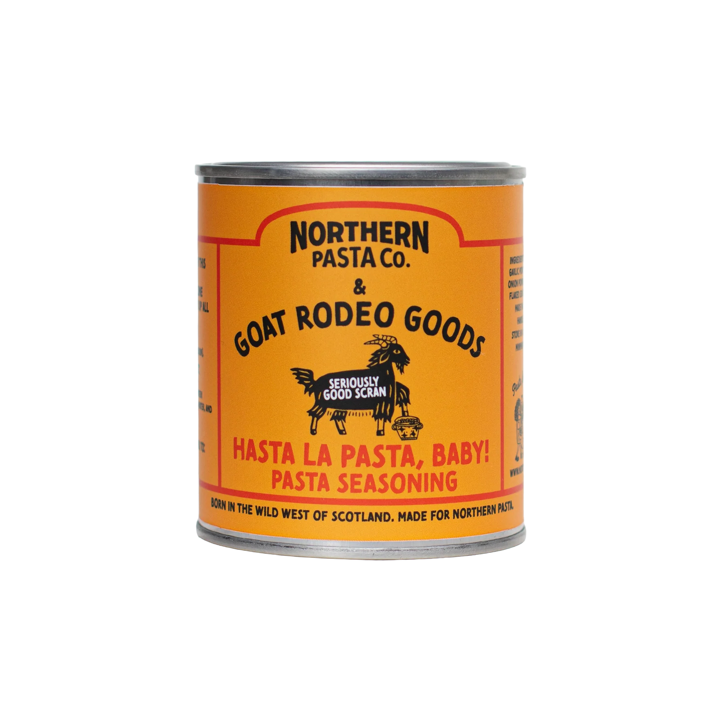 Goat Rodeo Goods Hasta La Pasta, Baby! Pasta Seasoning on a white background. 