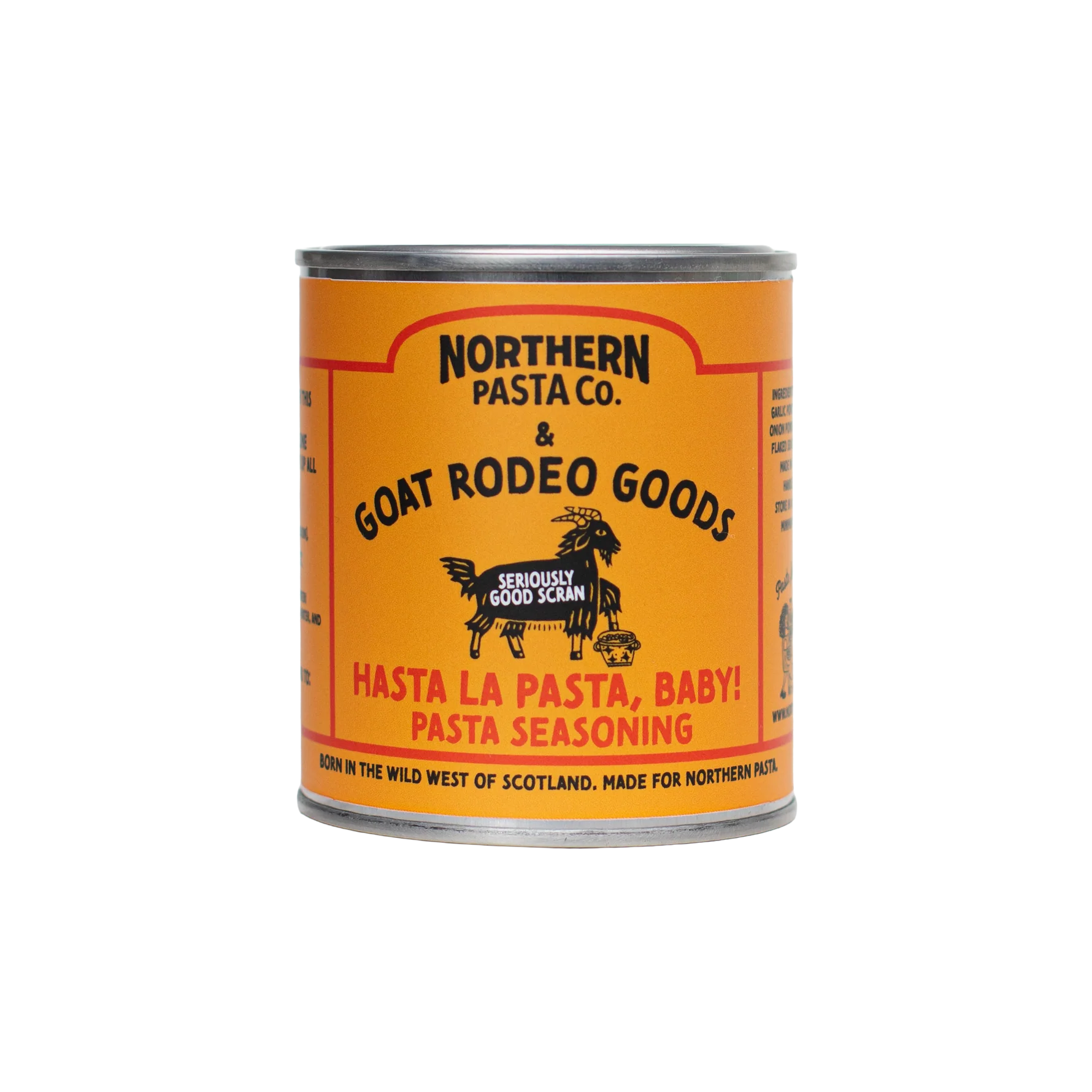Goat Rodeo Goods Hasta La Pasta, Baby! Pasta Seasoning on a white background. 