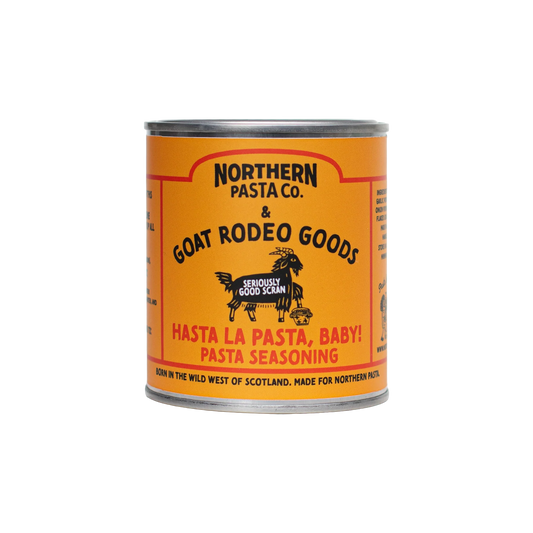 Goat Rodeo Goods Hasta La Pasta, Baby! Pasta Seasoning on a white background. 