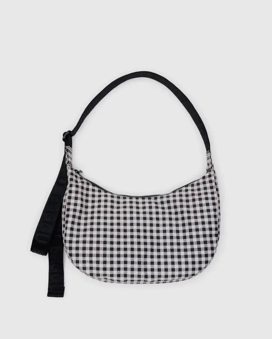 BAGGU Medium Nylon Crescent Bag - Black & White Gingham