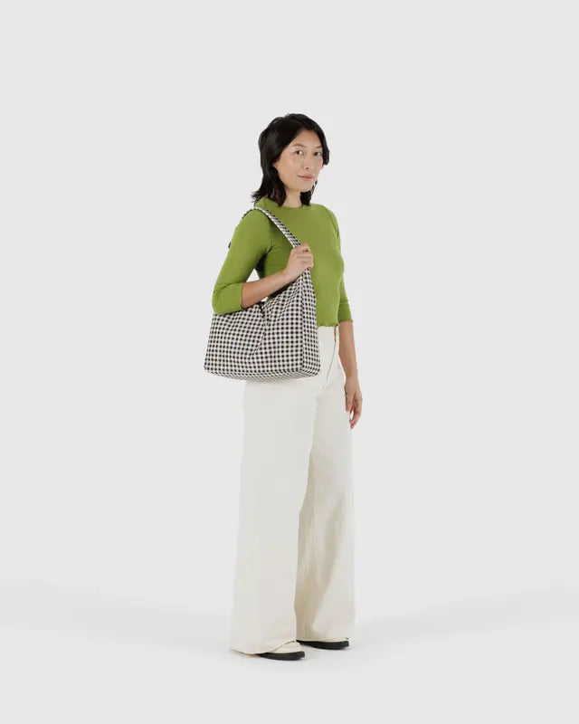 BAGGU Large Nylon Shoulder Bag - Black & White Gingham