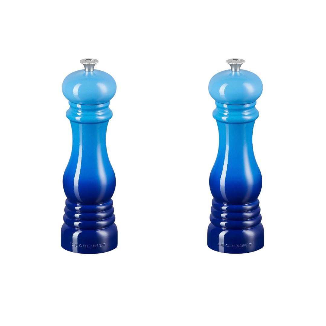salt and pepper mills from le creuset in azure blue