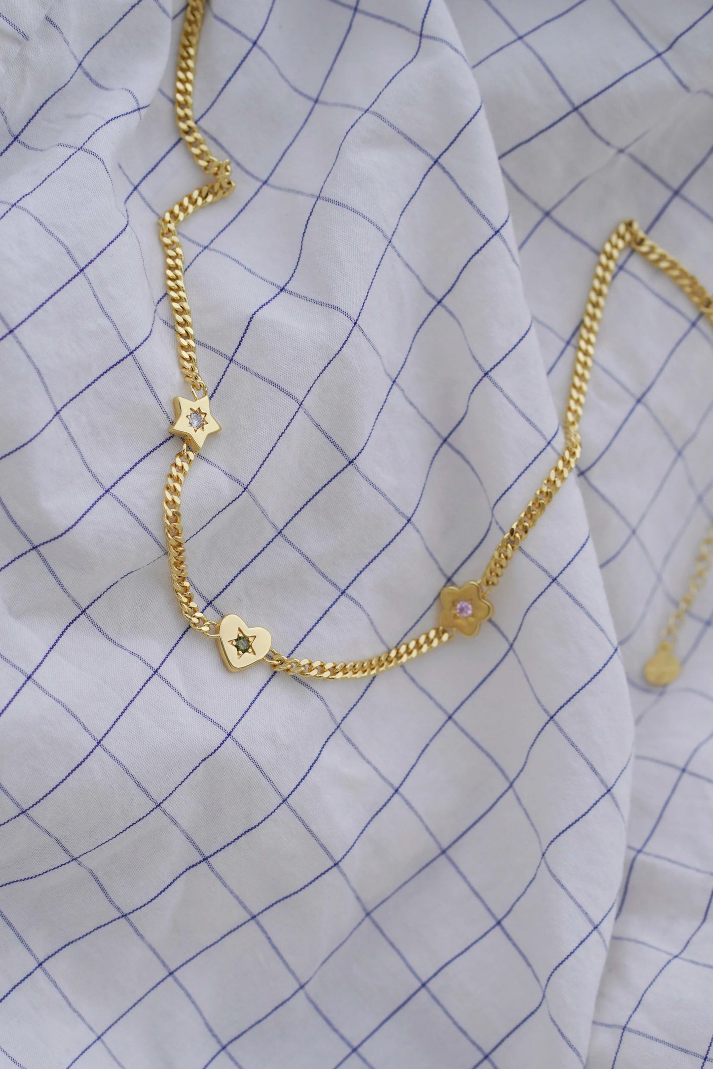 Retro Gemstone Charm Necklace in Gold