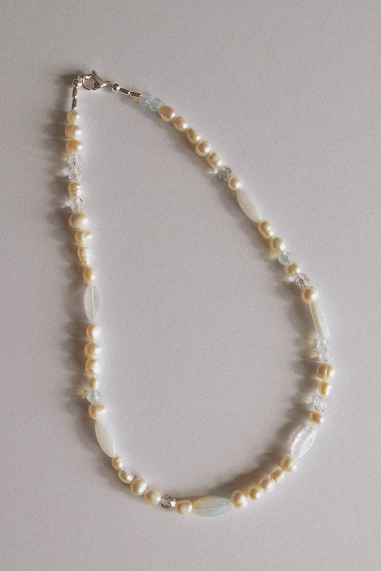 Bloma Frank Pearl necklace featuring glass charms and freshwater pearls