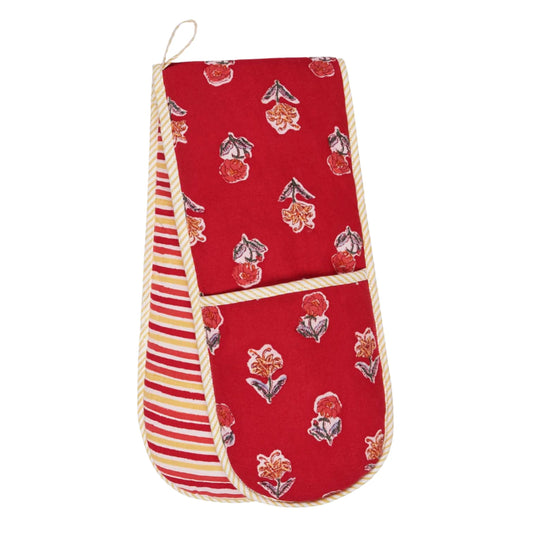 Ecoveeve Kum Kum Red Oven Glove with floral details on a white background 