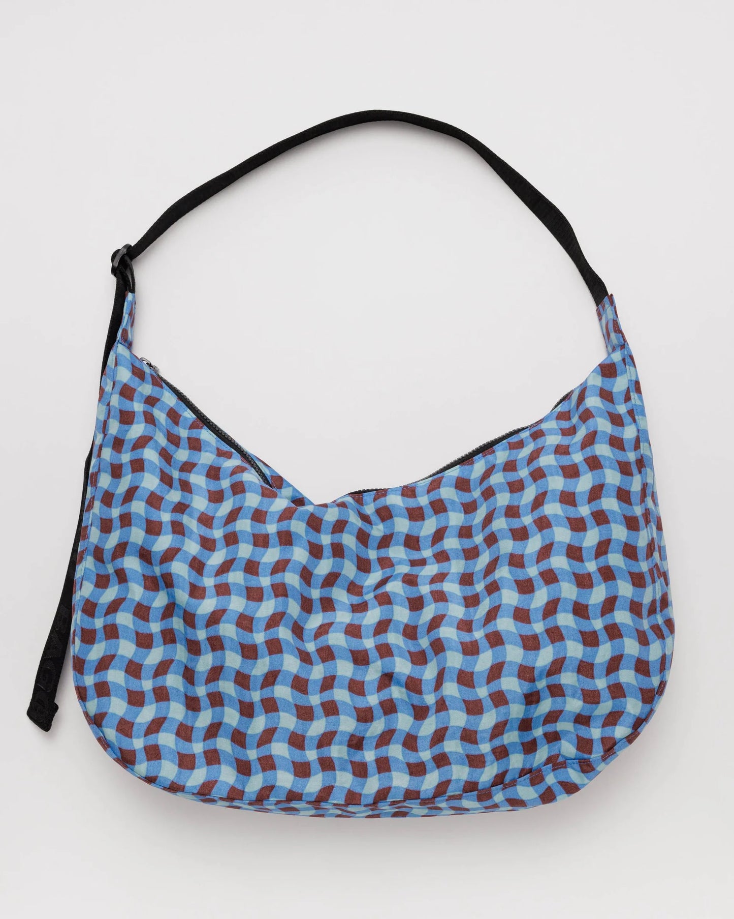 baggu large nylon crescent bag in wavy gingham blue pattern