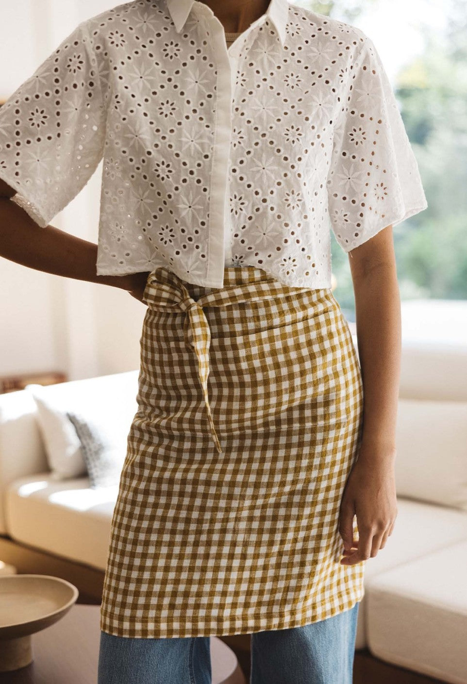 Gabrielle Linen Apron - Curry Gingham