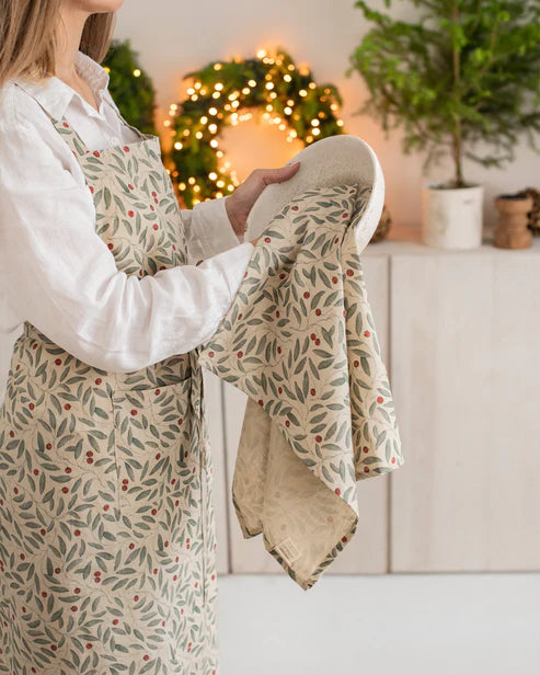 Magic Linen Tea Towel in Mistletoe Print