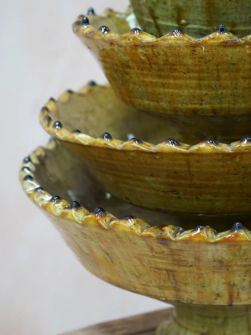 Moroccan White Vintage Tamegroute Ochre Jagged Edge Pedestal Fruit Bowl Large