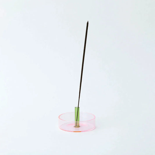 block design duo tone glass incense holder in pink and green colours