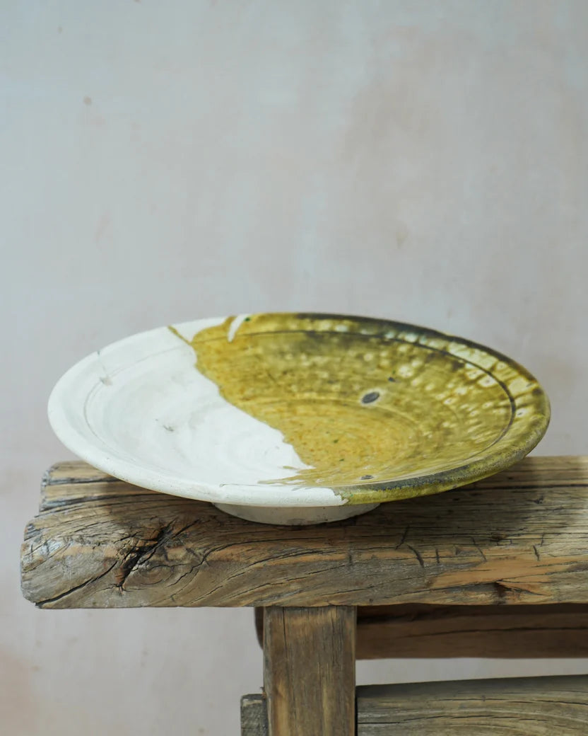 Moroccan White Vintage Tamegroute Serving Platter 50/50 Glaze in Ochre