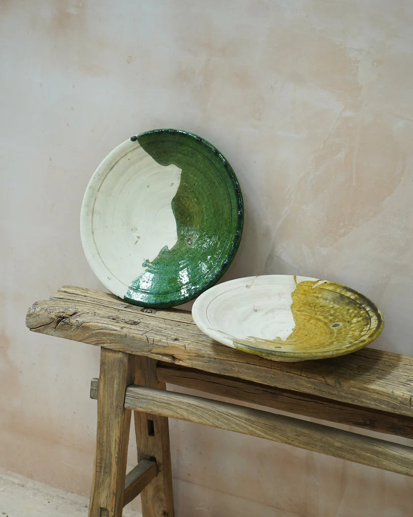 Moroccan White Vintage Tamegroute Serving Platter 50/50 Glaze in Ochre