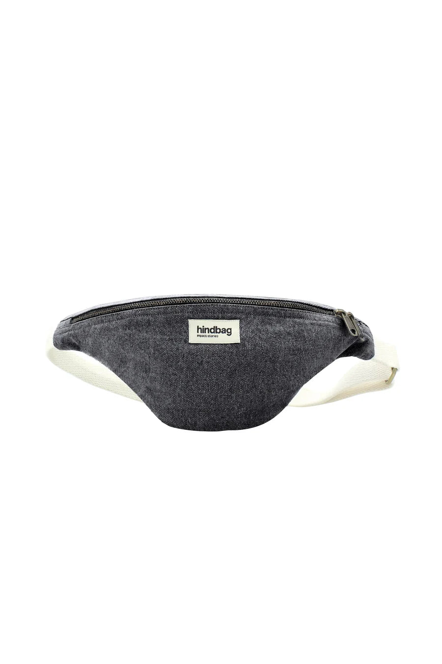 Black /Grey denim fanny pack with a visible brand label on a white background