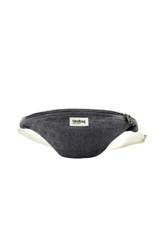 Black /Grey denim fanny pack with a visible brand label on a white background