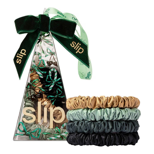 Set of scrunchies in a decorative packaging with 'slip' branding.
