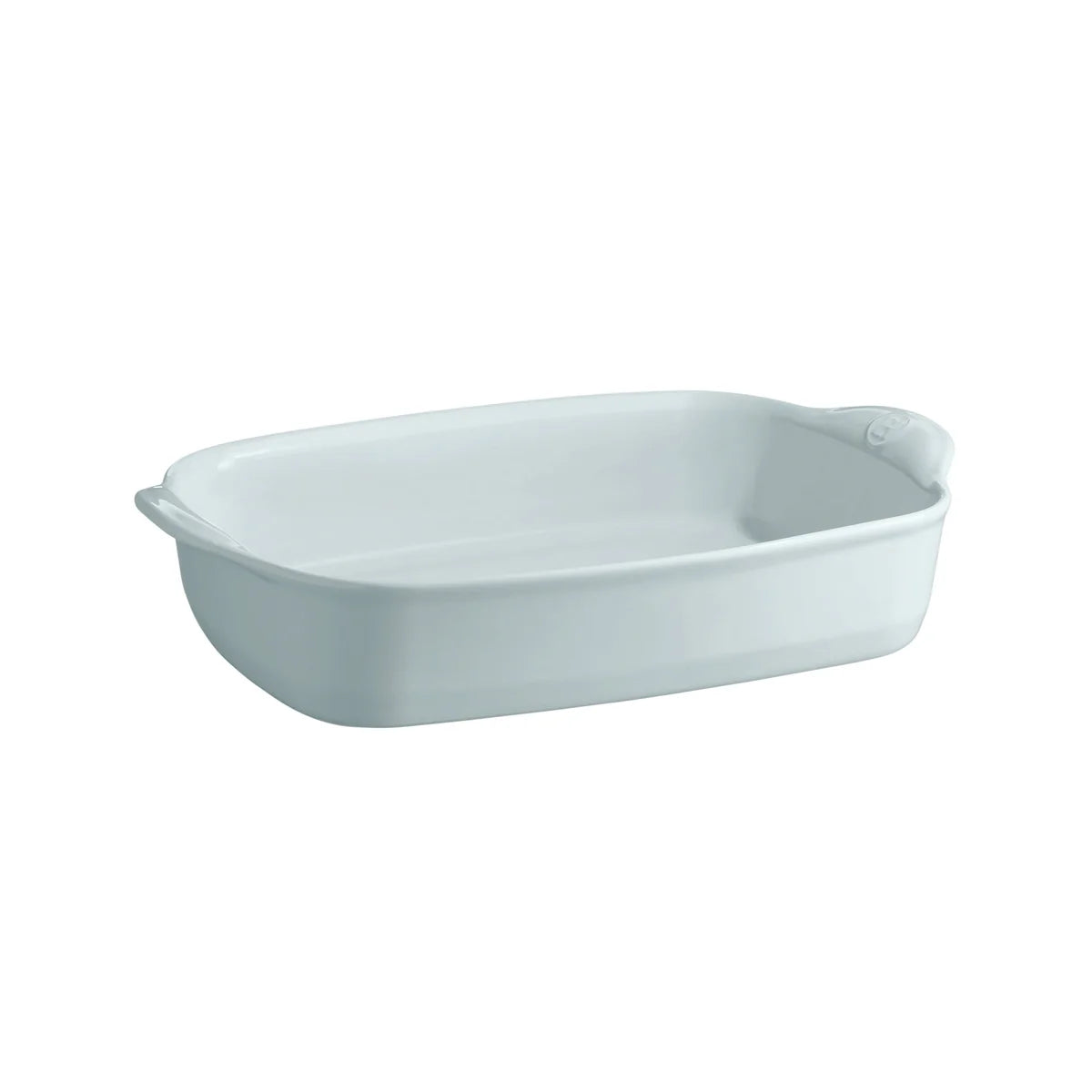 Duck egg coloured ceramic baking dish on a white background