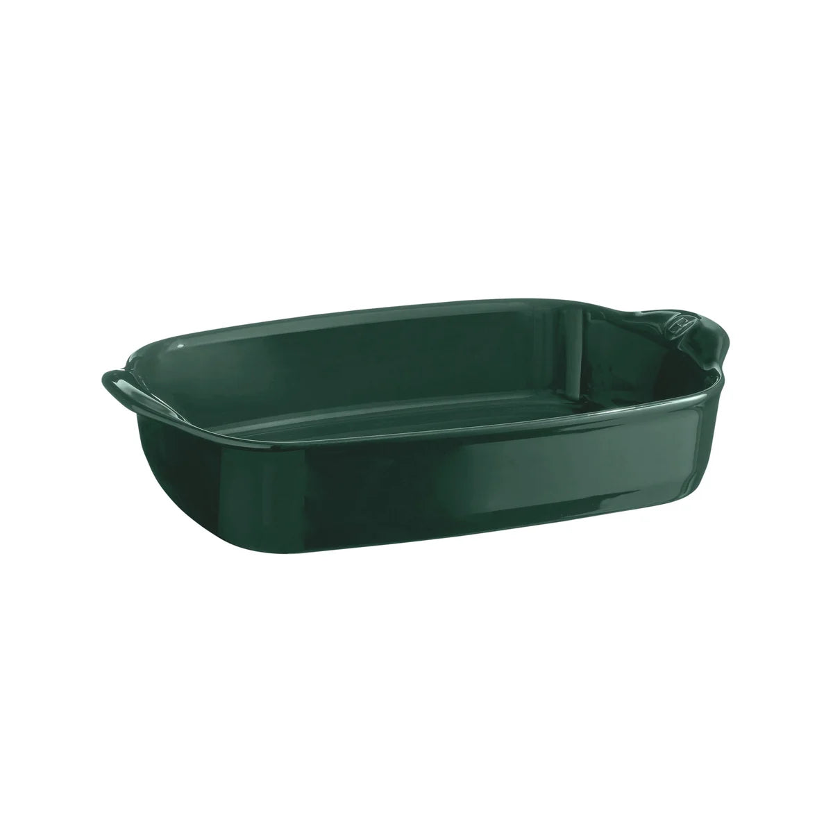 Emile Henry Small Rectangular Oven Dish in Cedar Green on a white background 