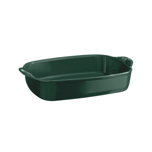 Emile Henry Small Rectangular Oven Dish in Cedar Green on a white background 