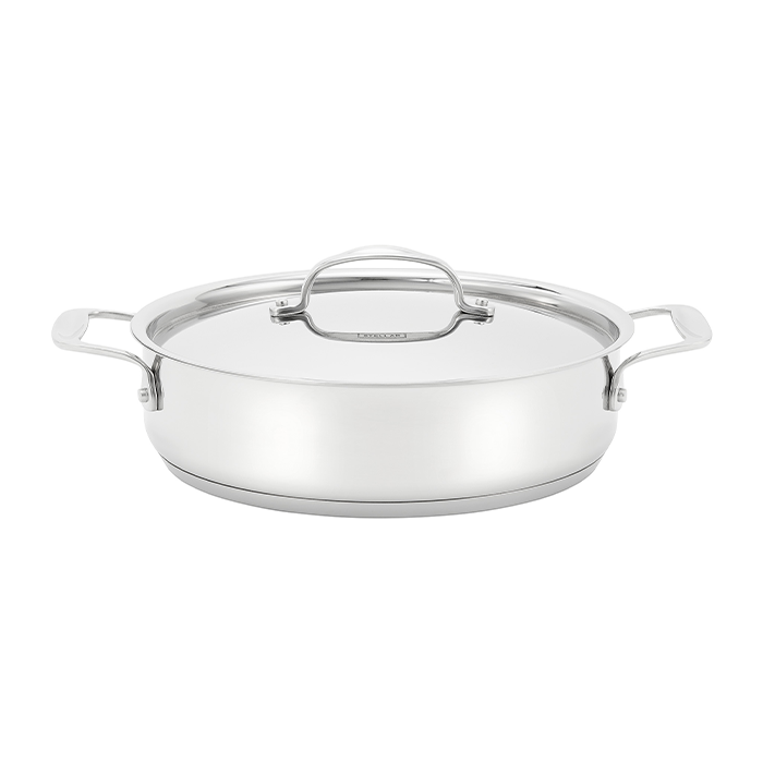 Stainless steel pot with glass lid on a white background