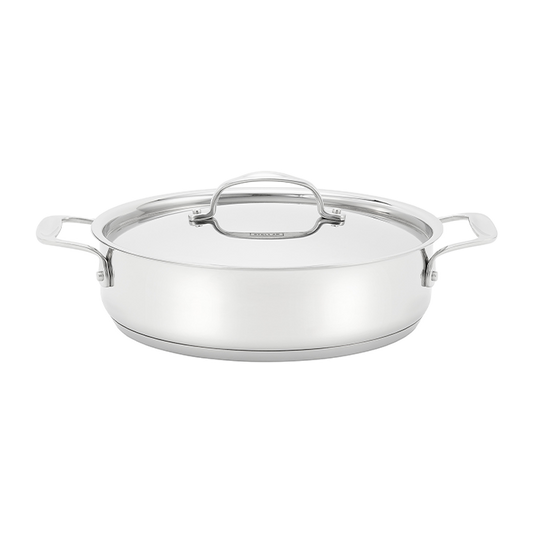 Stainless steel pot with glass lid on a white background