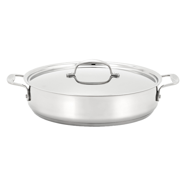 Stainless steel pot with lid on a white background