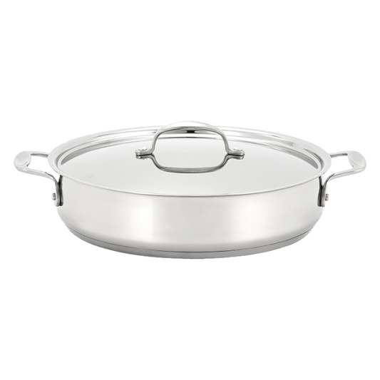 Stainless steel pot with lid on a white background