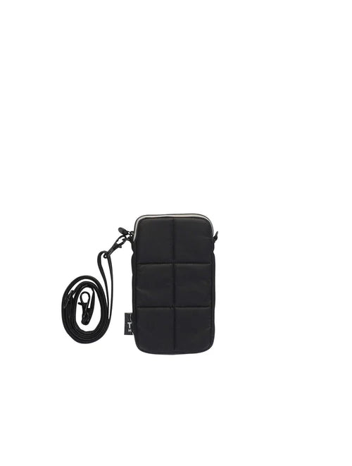 Black pouch with a strap on a white background