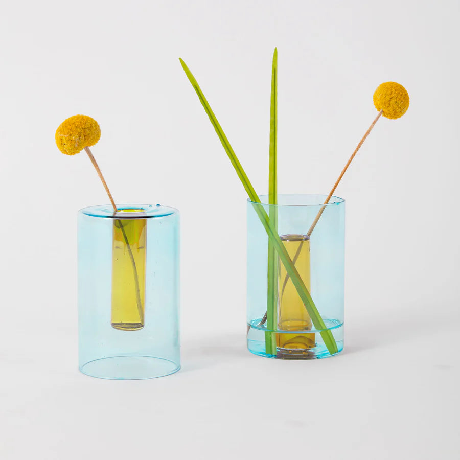 block design yellow and blue reversible glass vase