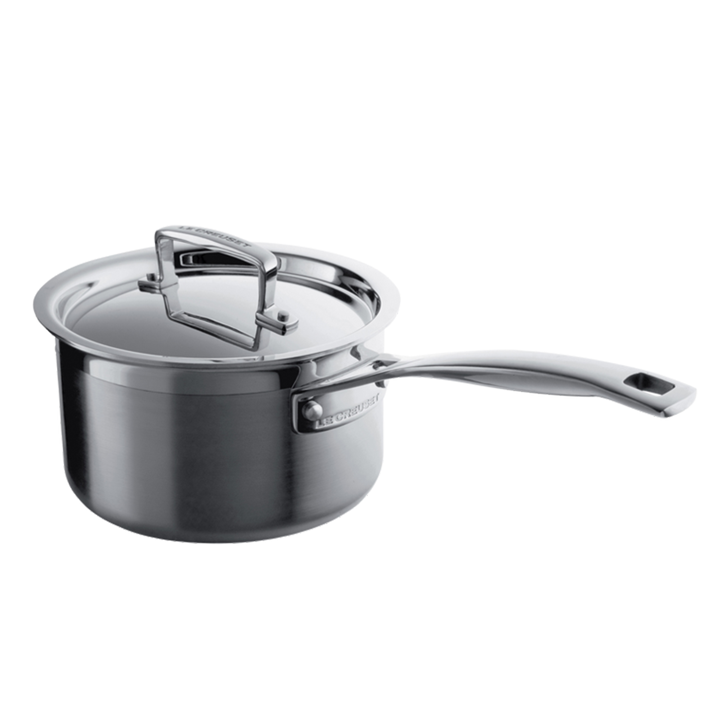 a stainless steel saucepan with stainless steel lid