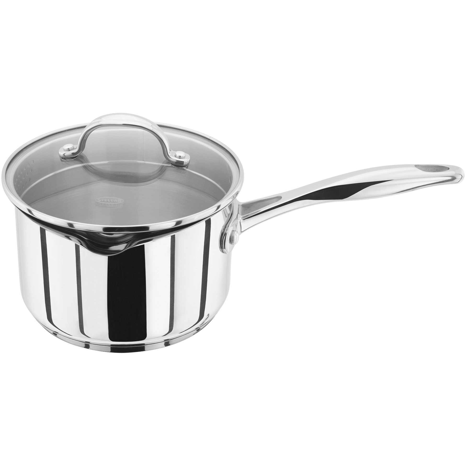 a stainless steel saucepan with a glass lid
