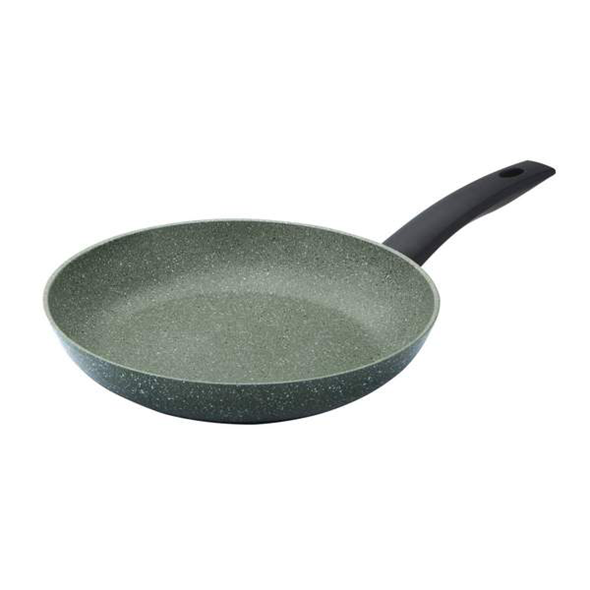 a green specled pan with a black handle