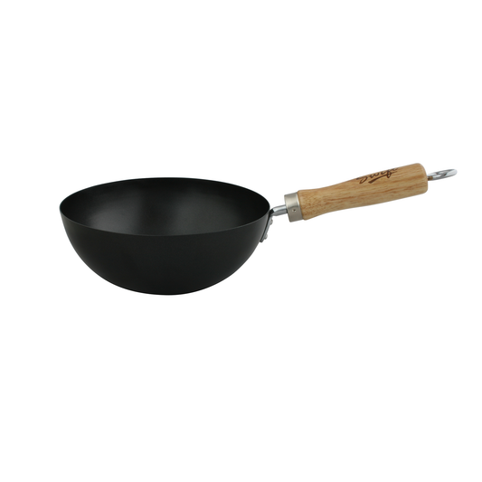 a small wok with high sides and a wooden handle