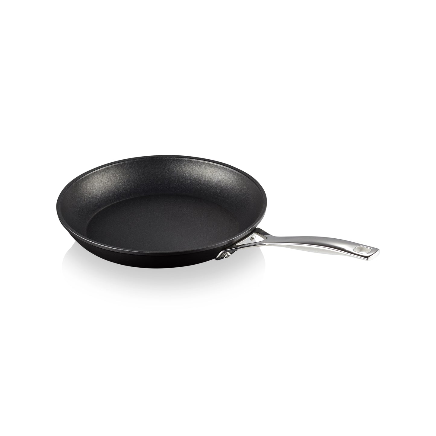 A black frying pan with a stainless steel handle