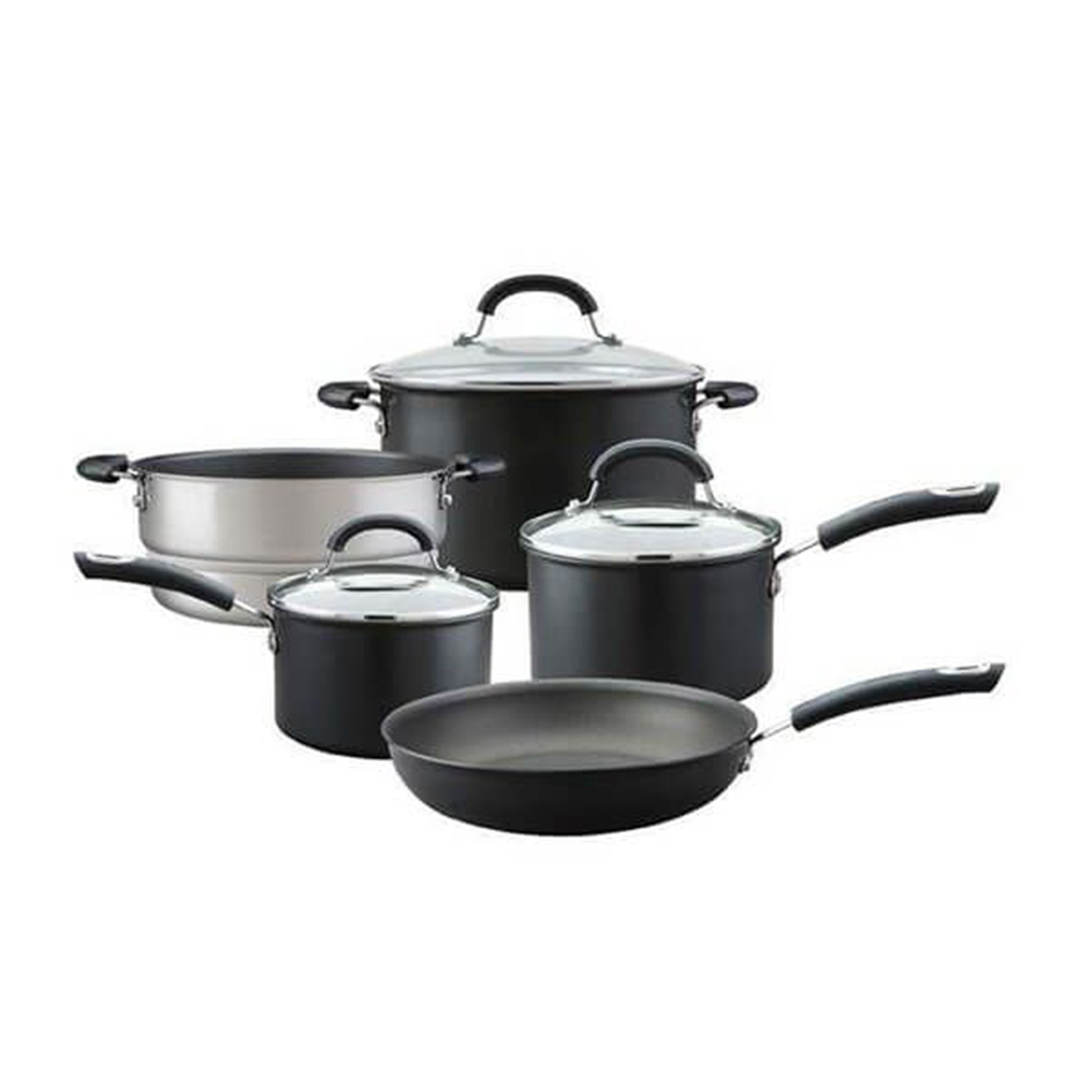 an image depicting the 5 piece set - two saucepans, a frying pan, a pot and a steamer