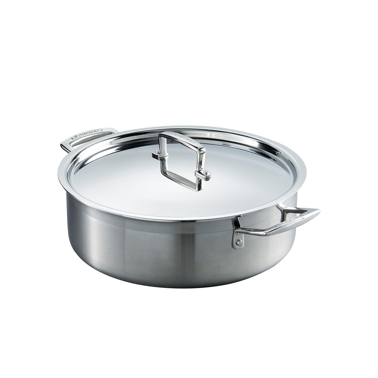 The stainless steel sauteause pan with a handled lid and two handles on the side